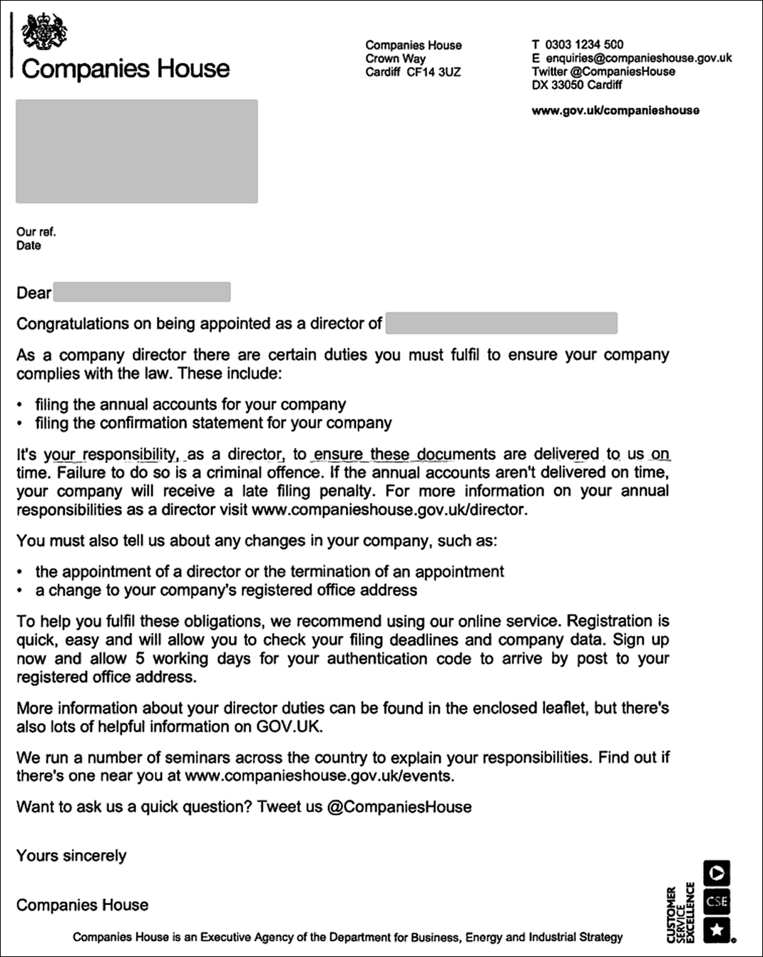 example Companies House letter